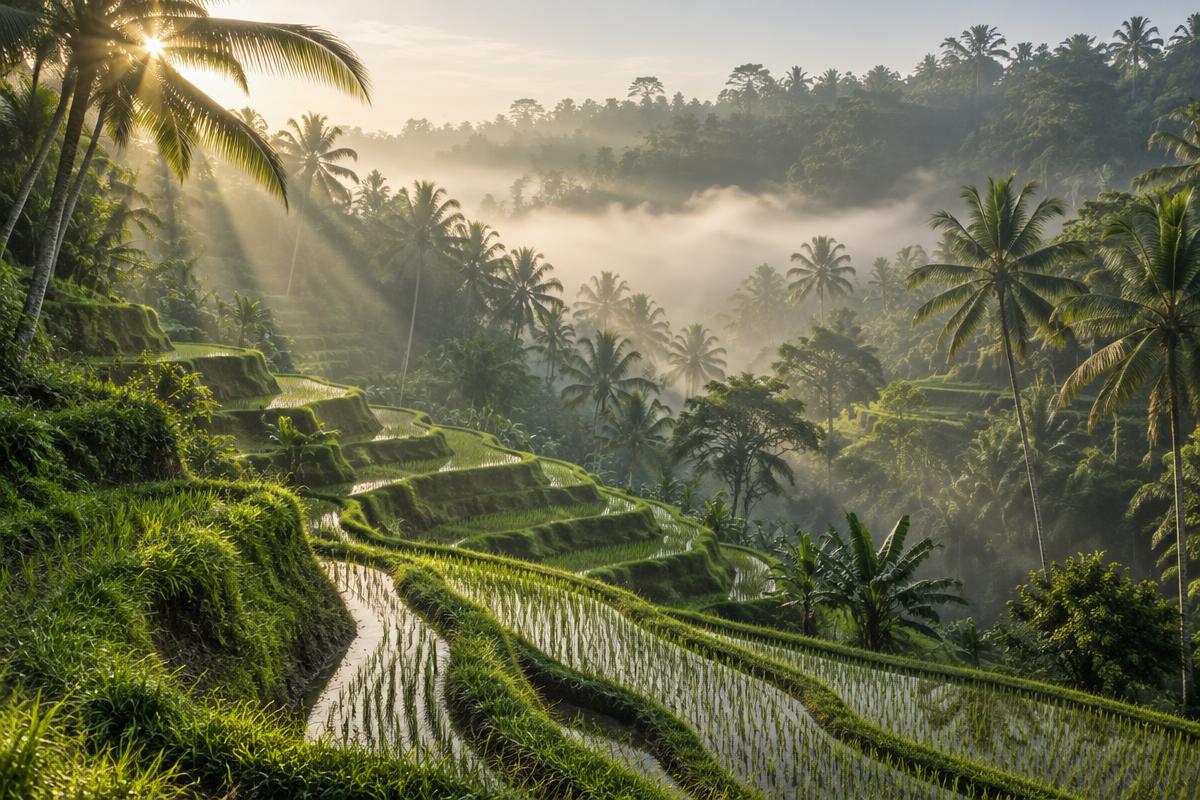 Misty terraced rice paddies in Bali at sunrise, sunbeams through palm groves and jungle