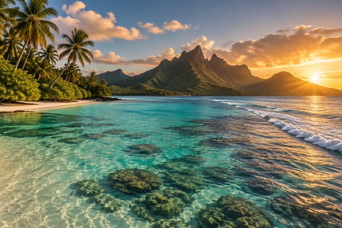 Turquoise Rarotonga lagoon over coral shallows, palms leaning to the sand and volcanic peaks in the low sun