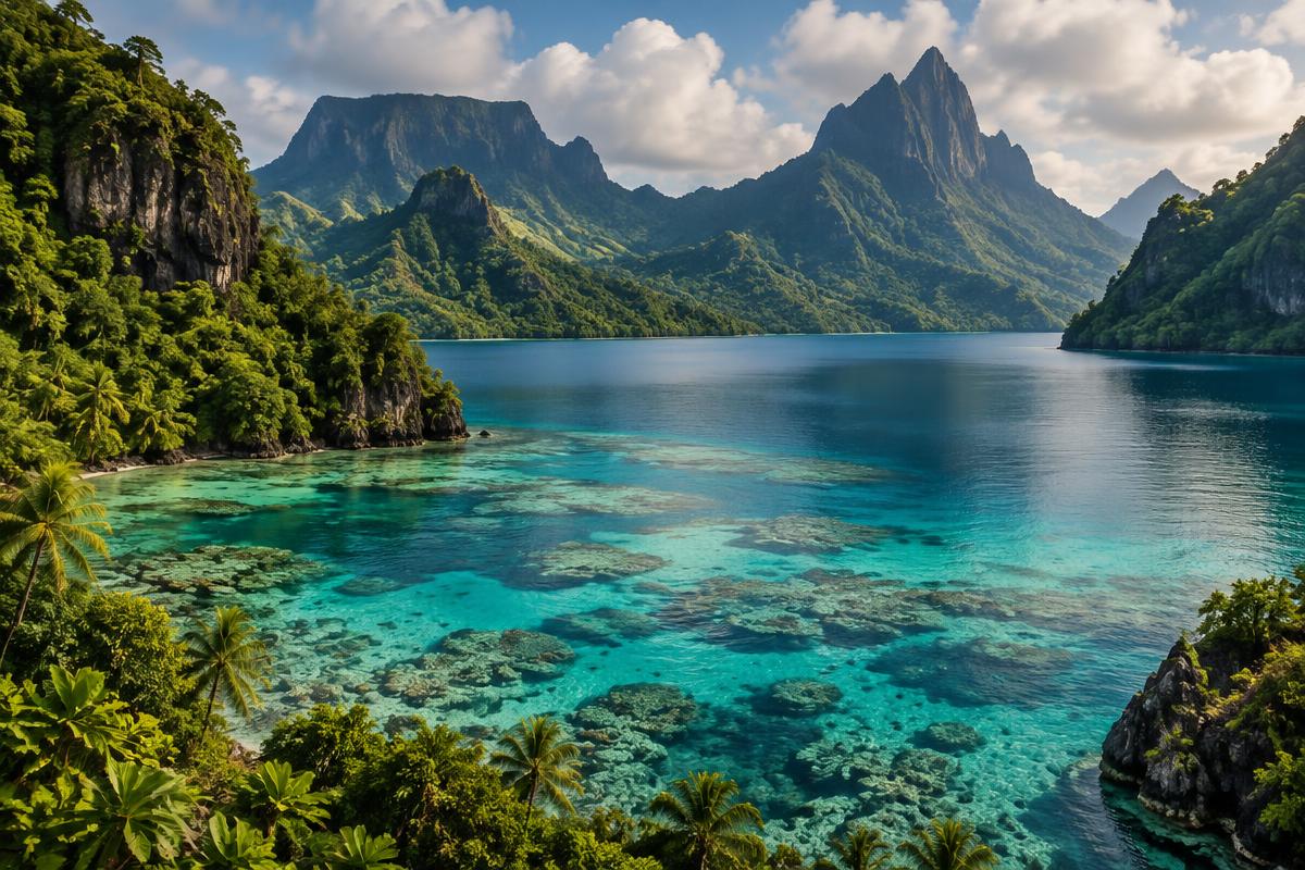 Tahitian bay seen from above, coral shallows in turquoise water below jungle slopes and basalt peaks